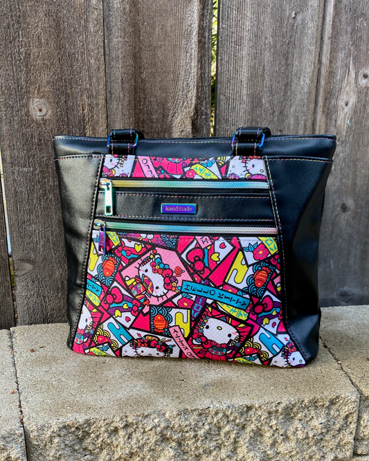 Bespoke Upcycled Pink & Black Bow Kitty Shoulder Bag