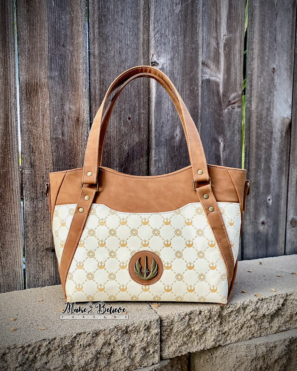 Cream & Brown Debossed Space Wars Large Handbag