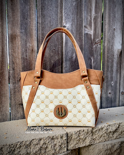Cream & Brown Debossed Space Wars Large Handbag