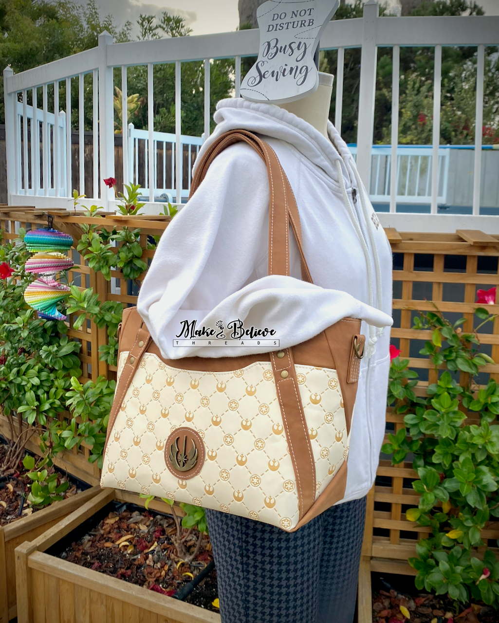 Cream & Brown Debossed Space Wars Large Handbag