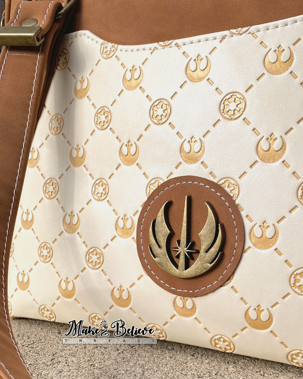 Cream & Brown Debossed Space Wars Large Handbag