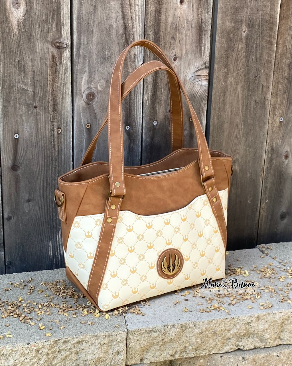 Cream & Brown Debossed Space Wars Large Handbag