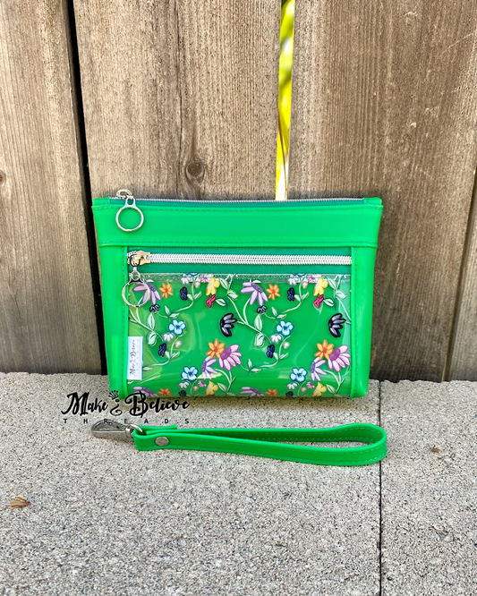 Green Jelly with Clear Flowers Pouch with Wristlet Strap