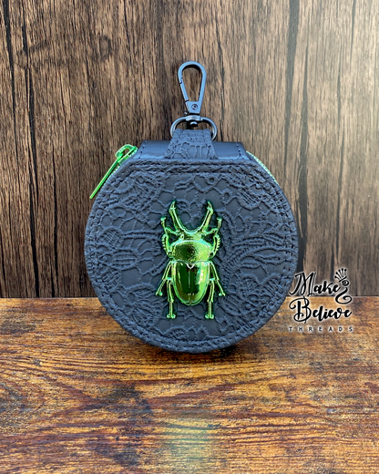 Green Metallic Beetle on Black Lace Circle Pouch with Clip