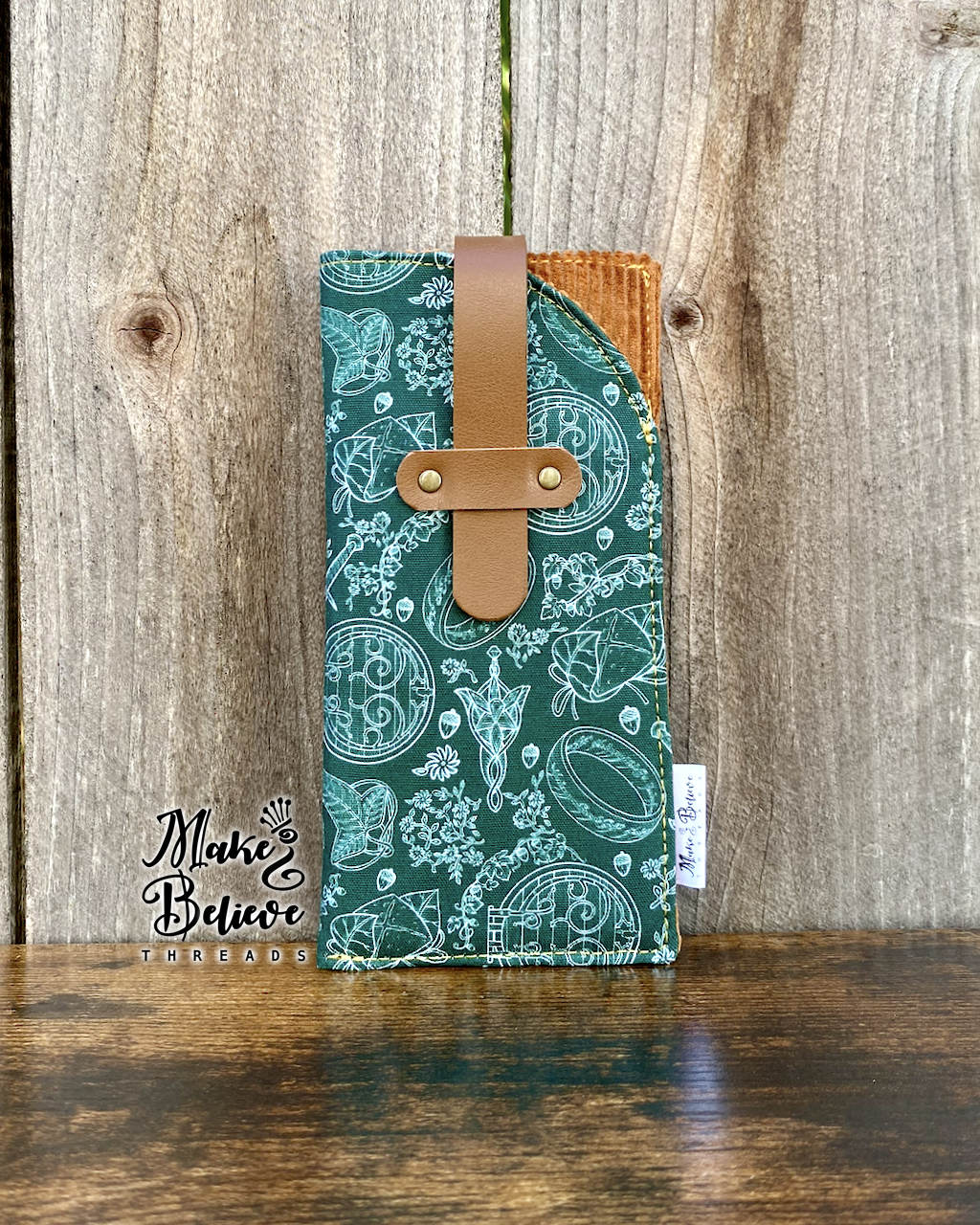 Green One Ring with Brown Corduroy Glasses Sleeve
