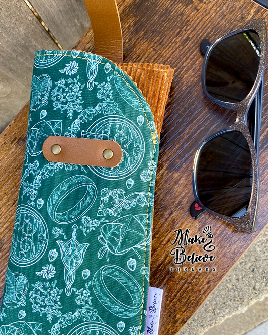 Green One Ring with Brown Corduroy Glasses Sleeve