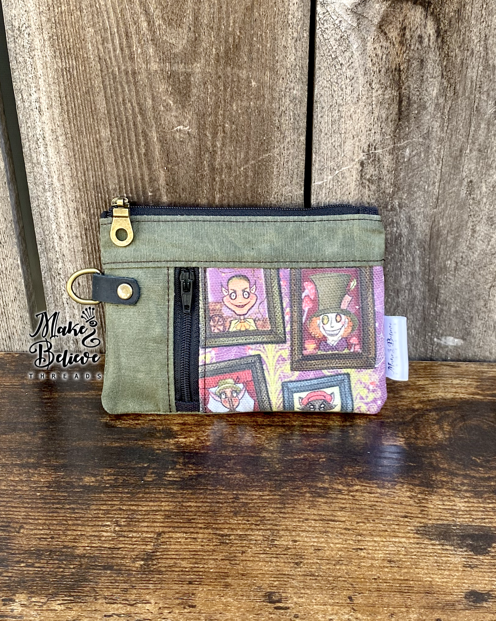 Green Waxed Canvas Grimm/Fairytales Mashup Mini Zip Wallet