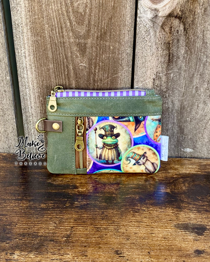 Green Waxed Canvas Witchy Frog & Ferret Mini Zip Wallet