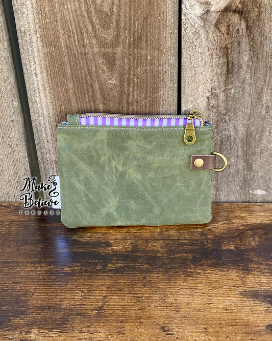 Green Waxed Canvas Witchy Frog & Ferret Mini Zip Wallet