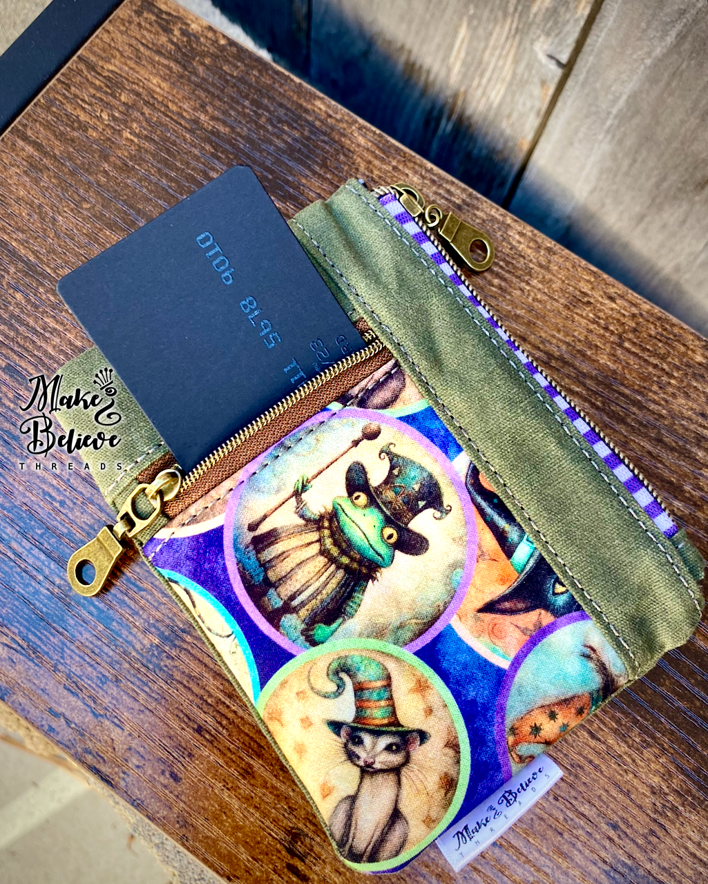 Green Waxed Canvas Witchy Frog & Ferret Mini Zip Wallet
