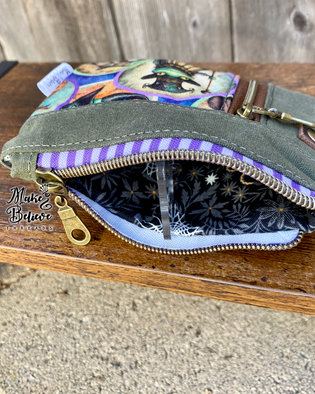 Green Waxed Canvas Witchy Frog & Ferret Mini Zip Wallet