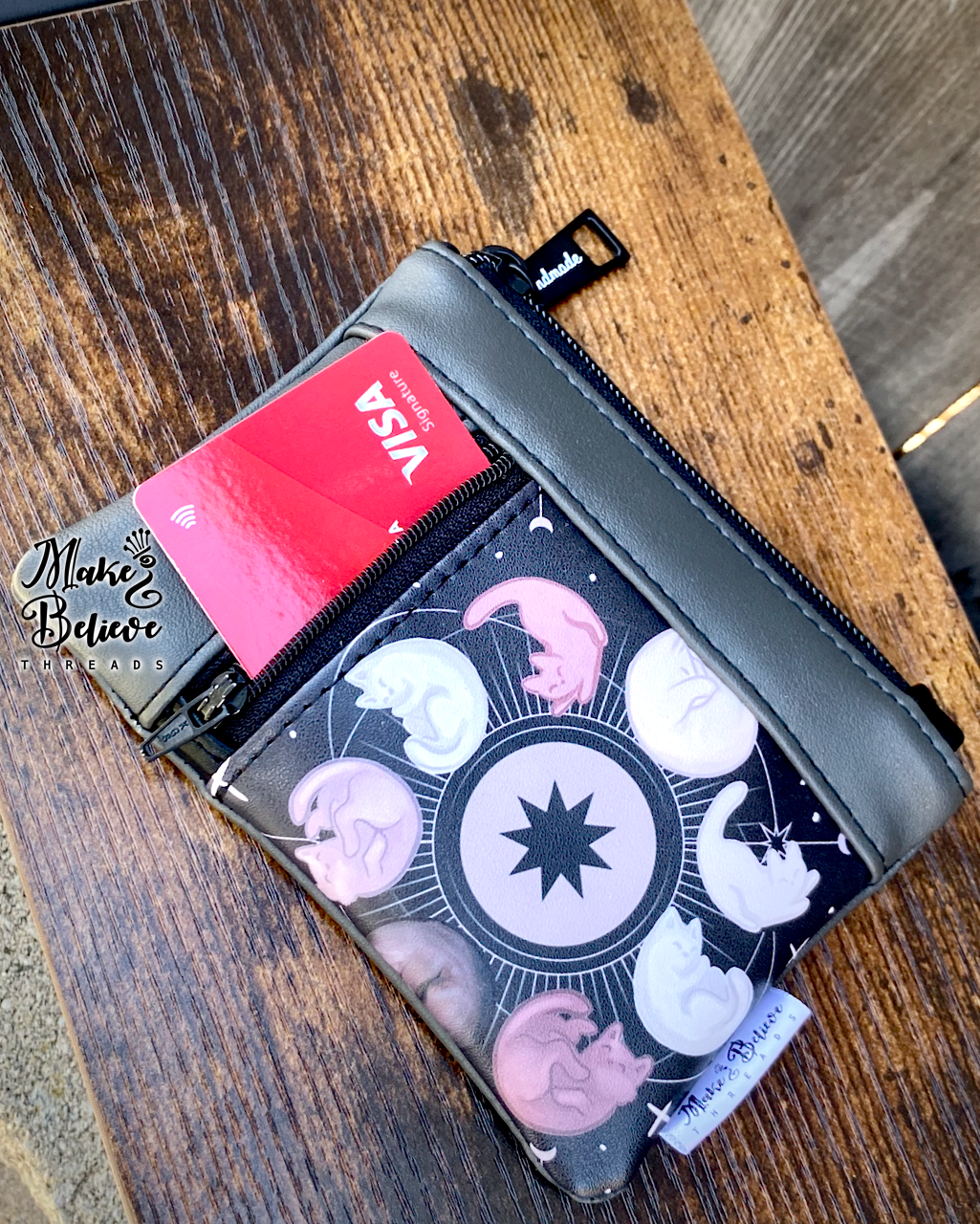 Grey Dark Kitty Moon Phases Mini Zip Wallet
