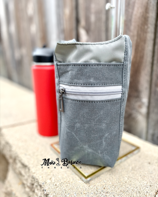 Grey Waxed Canvas Water Bottle Carrier
