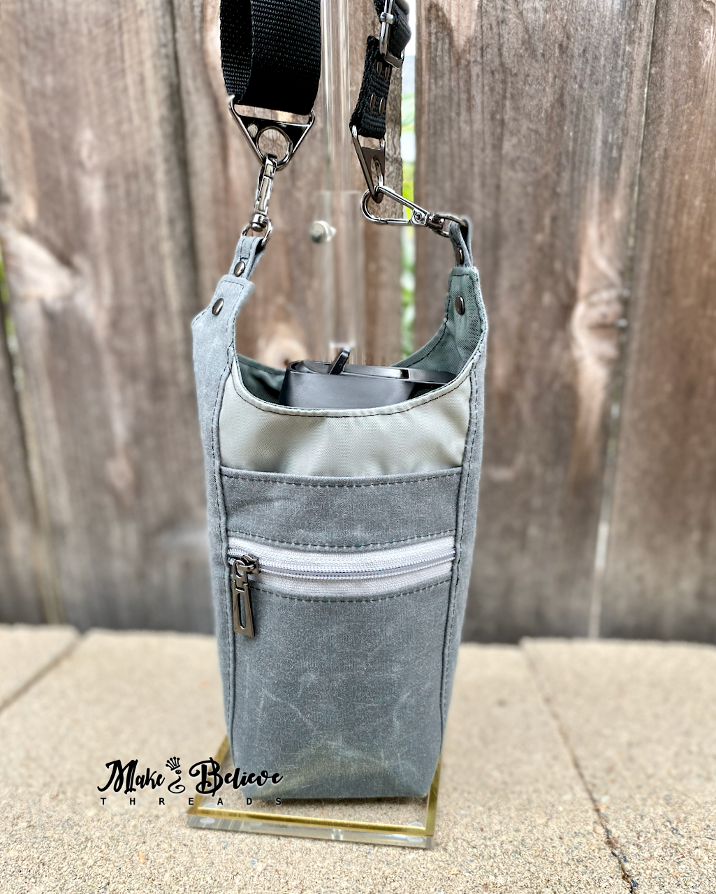 Grey Waxed Canvas Water Bottle Carrier