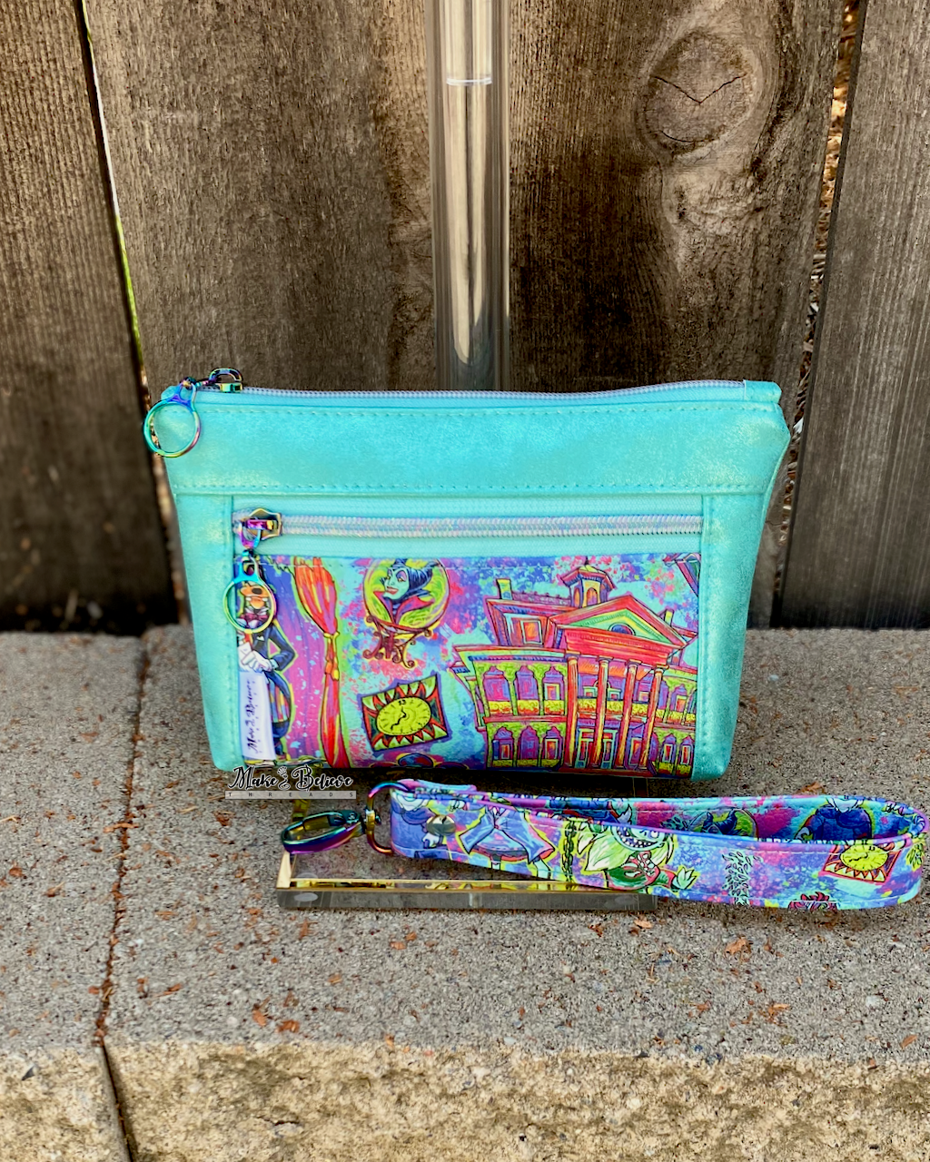 Haunted Mashup Distressed Mint Pouch with Wristlet Strap