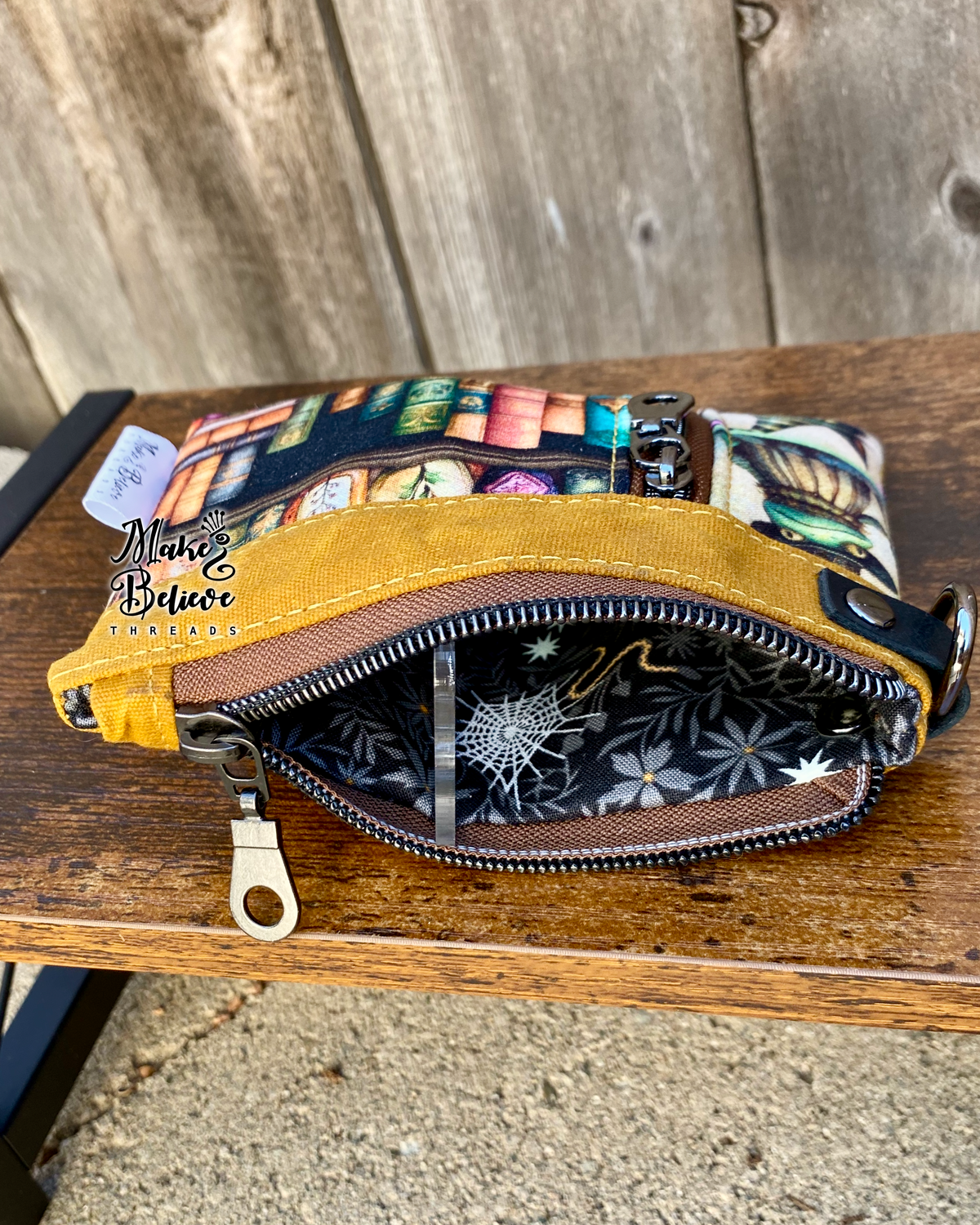Mustard Waxed Canvas Witchy Frog & Bookshelf Mini Zip Wallet