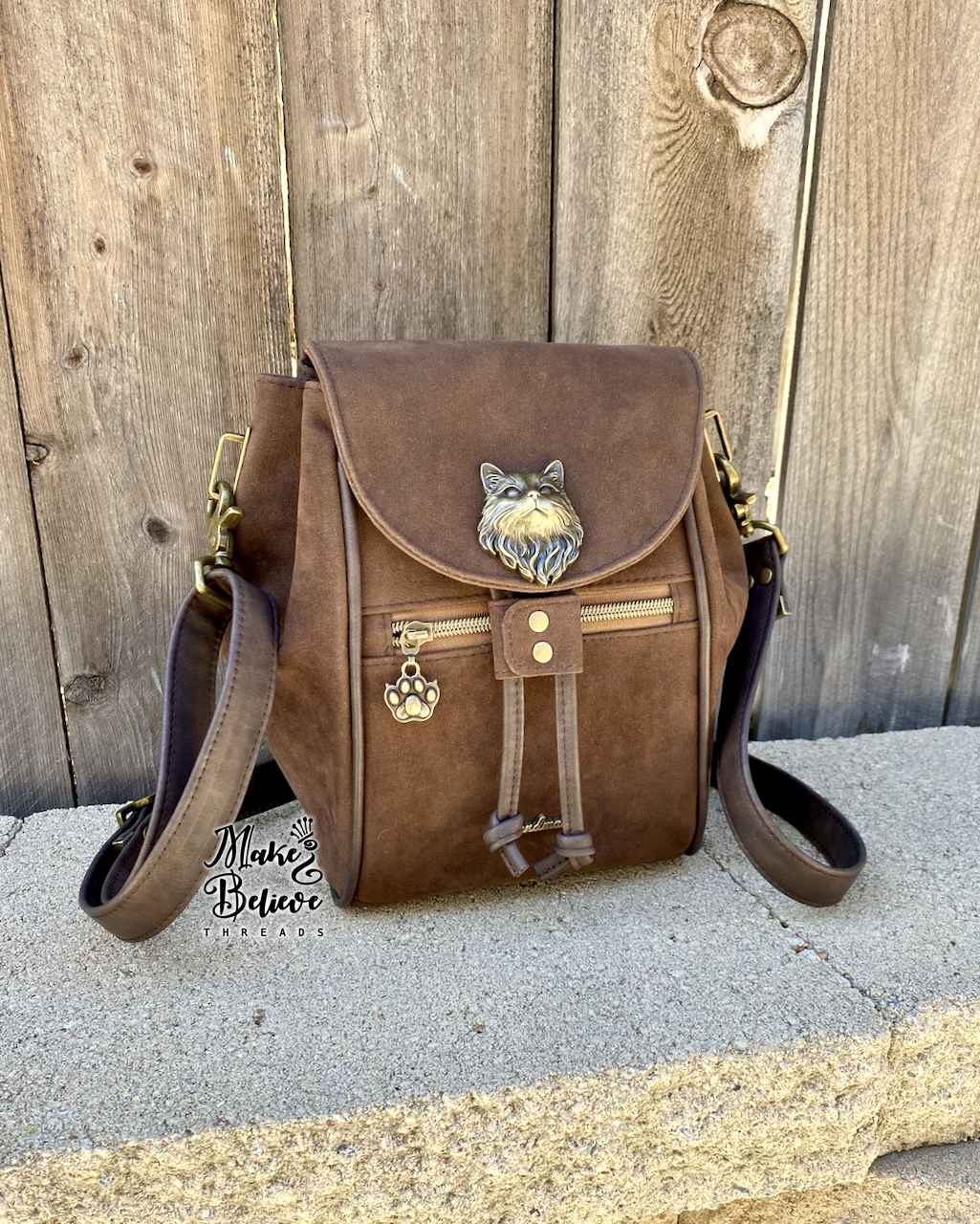 Feline Fine Brown Faux Suede Crossbody Bag