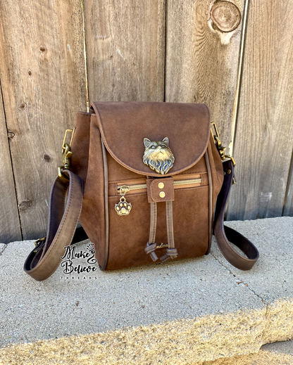 Feline Fine Brown Faux Suede Crossbody Bag