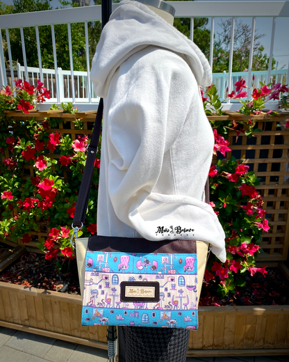 Canvas Teal and Pink Cat Cafe Crossbody Bag