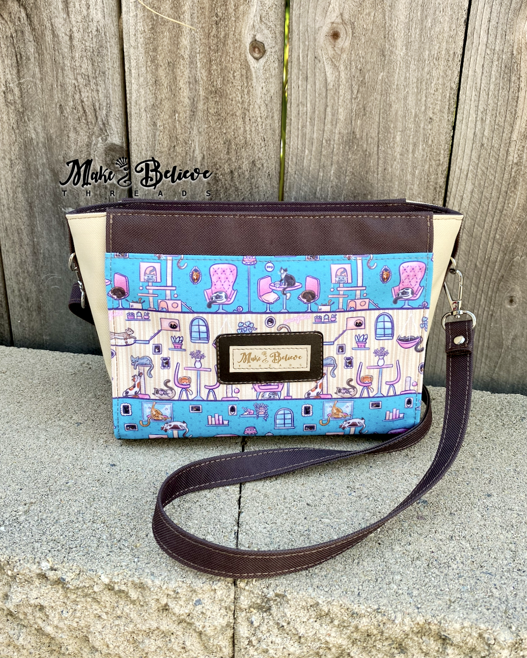 Canvas Teal and Pink Cat Cafe Crossbody Bag