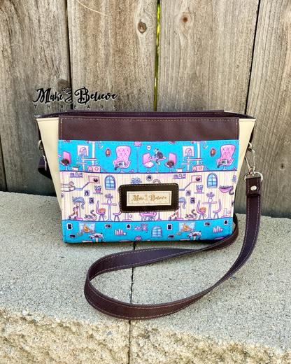 Canvas Teal and Pink Cat Cafe Crossbody Bag