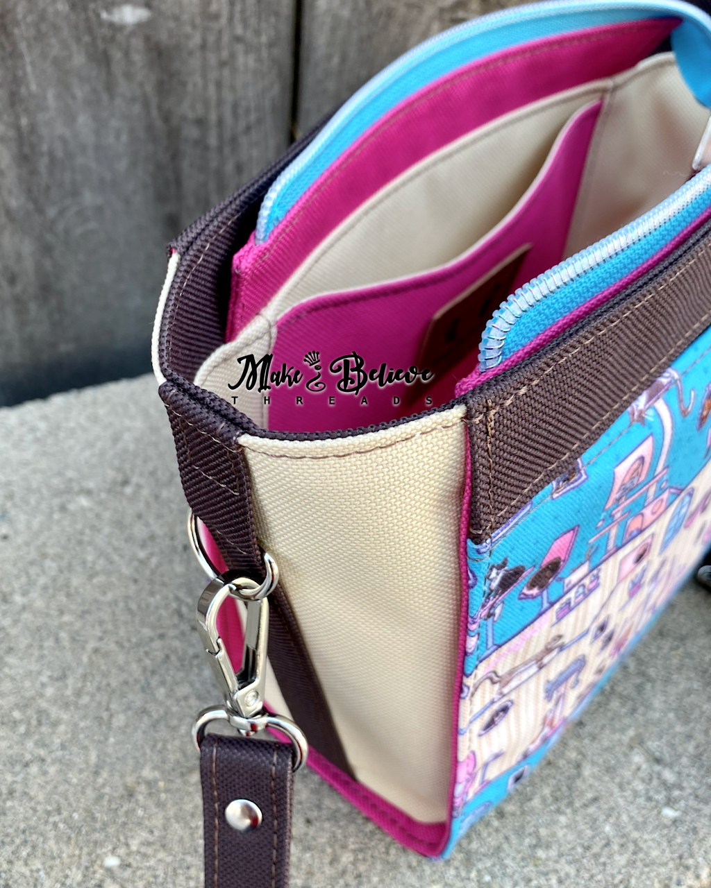 Canvas Teal and Pink Cat Cafe Crossbody Bag