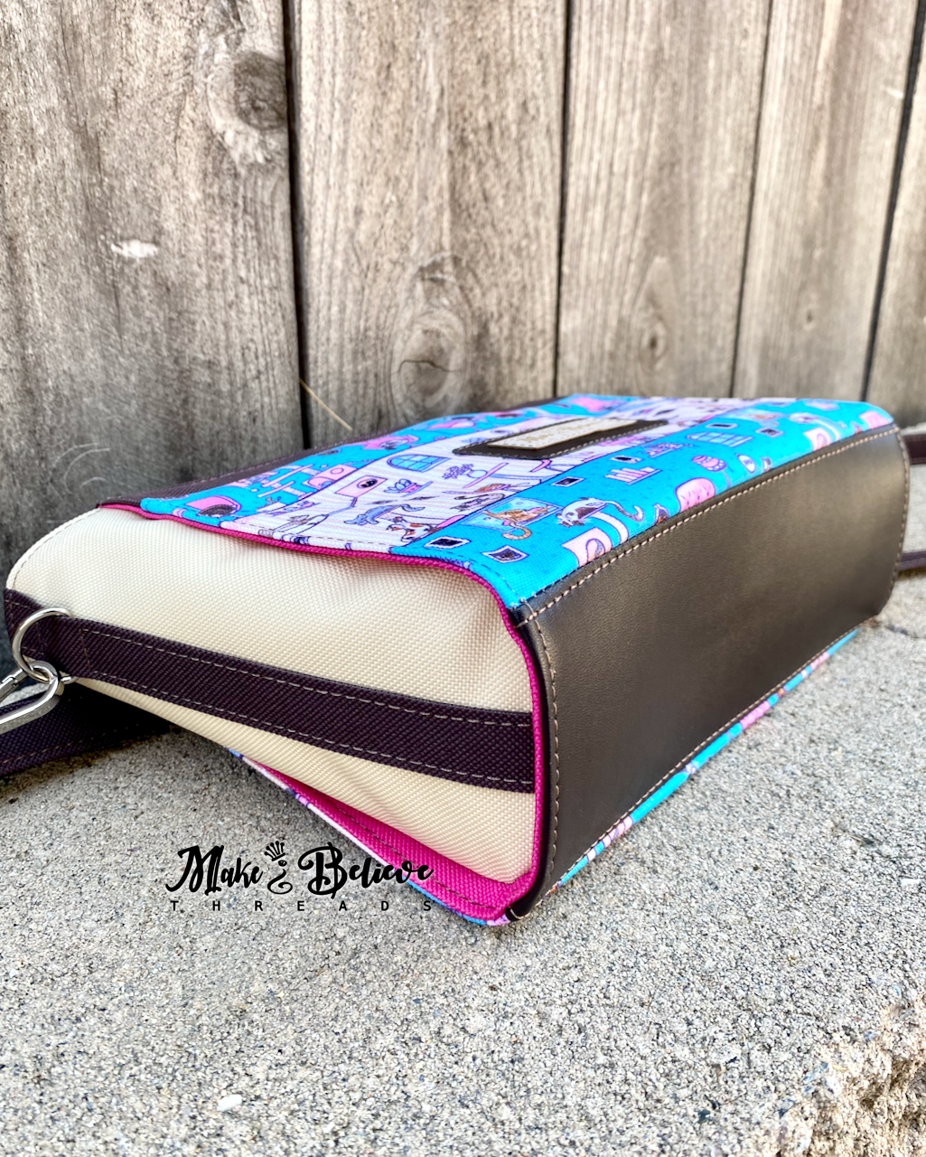 Canvas Teal and Pink Cat Cafe Crossbody Bag