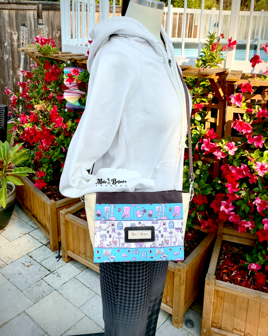 Canvas Teal and Pink Cat Cafe Crossbody Bag