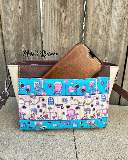Canvas Teal and Pink Cat Cafe Crossbody Bag
