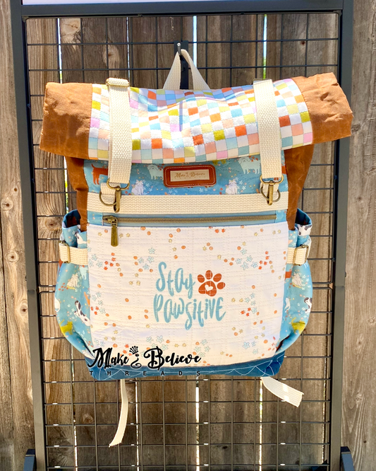Stay Pawsitive Large Quilted Canvas Rolltop Shabby Chic Backpack