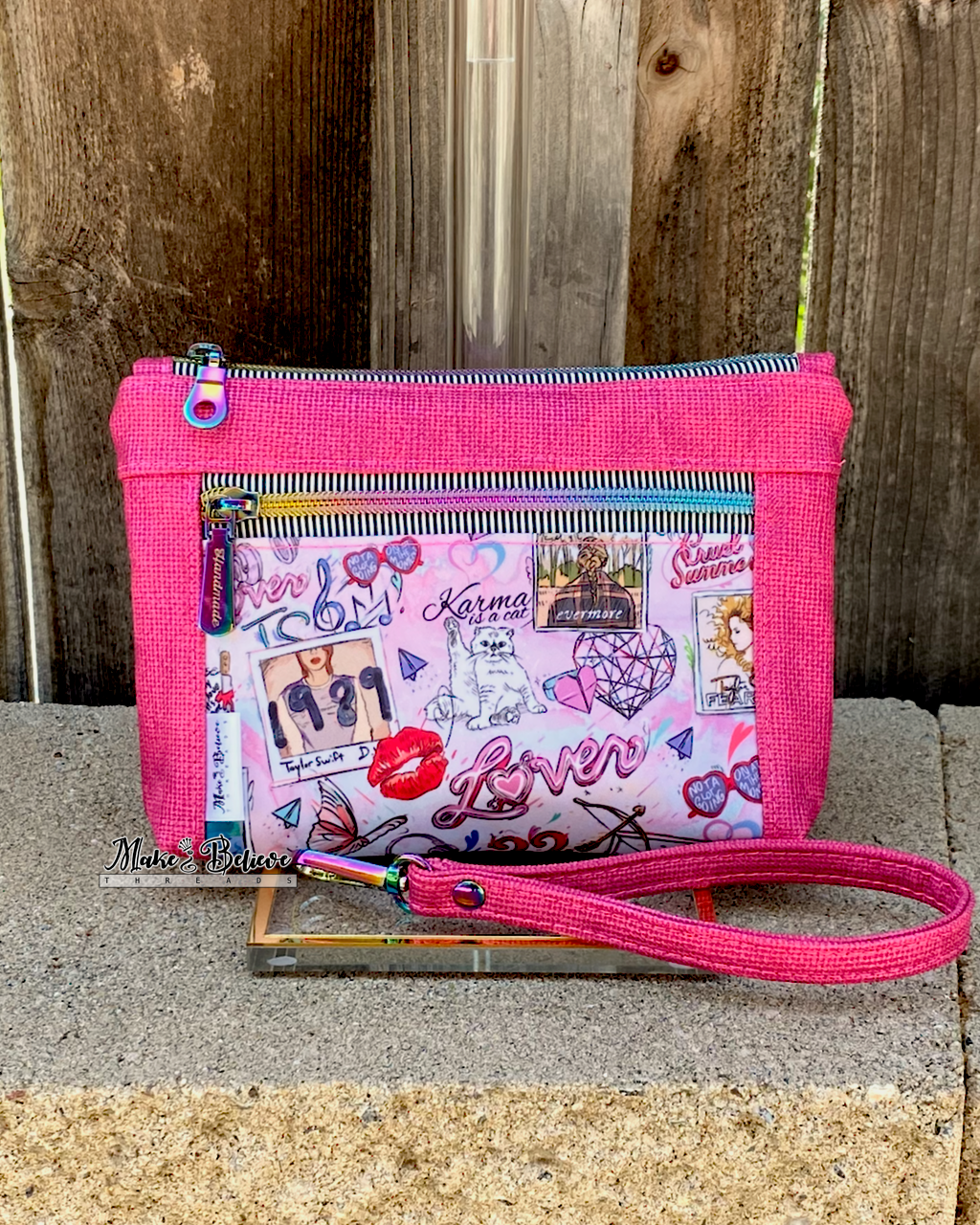 Karma Cat Textured Hot Pink Pouch with Wristlet Strap