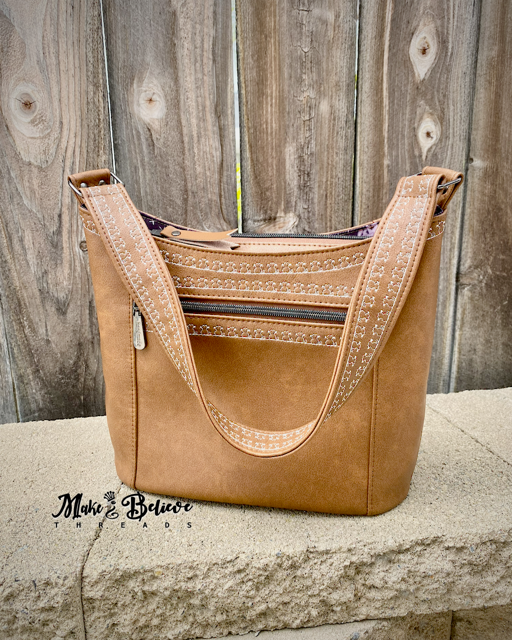 Light Brown Hobo Bag With Embroidered Cat Detailing