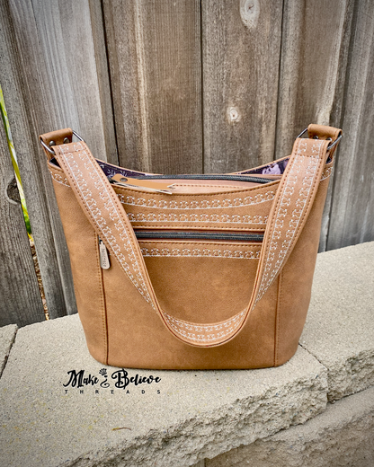 Light Brown Hobo Bag With Embroidered Cat Detailing