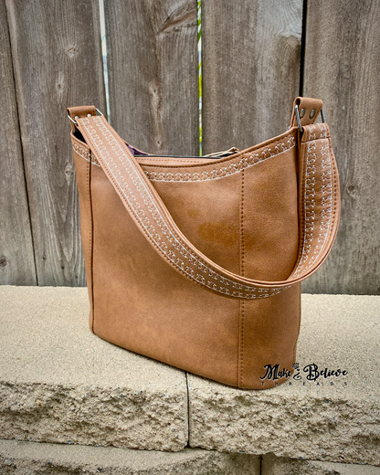 Light Brown Hobo Bag With Embroidered Cat Detailing