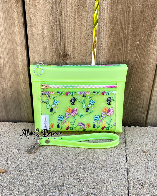 Lime Green Jelly with Clear Flowers Pouch with Wristlet Strap