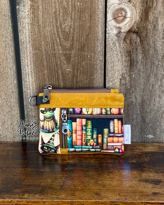 Mustard Waxed Canvas Witchy Frog & Bookshelf Mini Zip Wallet