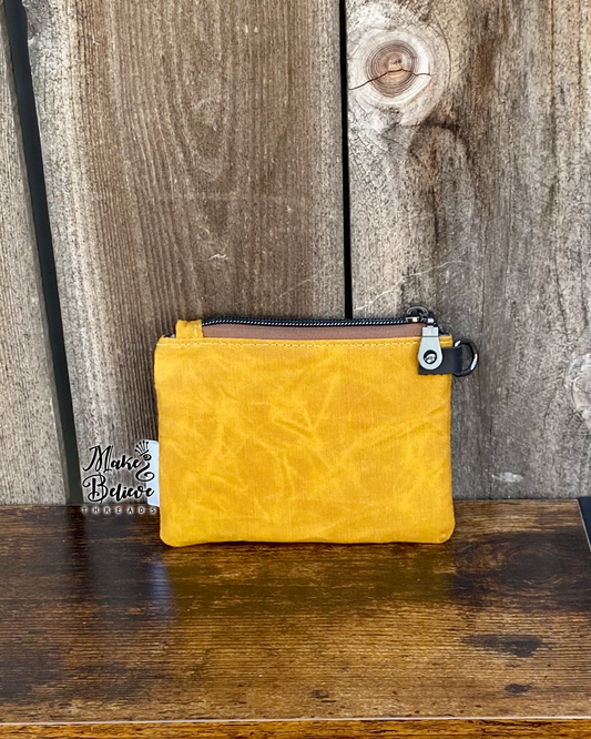 Mustard Waxed Canvas Witchy Frog & Bookshelf Mini Zip Wallet