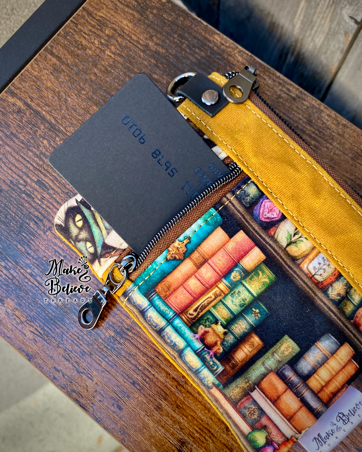 Mustard Waxed Canvas Witchy Frog & Bookshelf Mini Zip Wallet