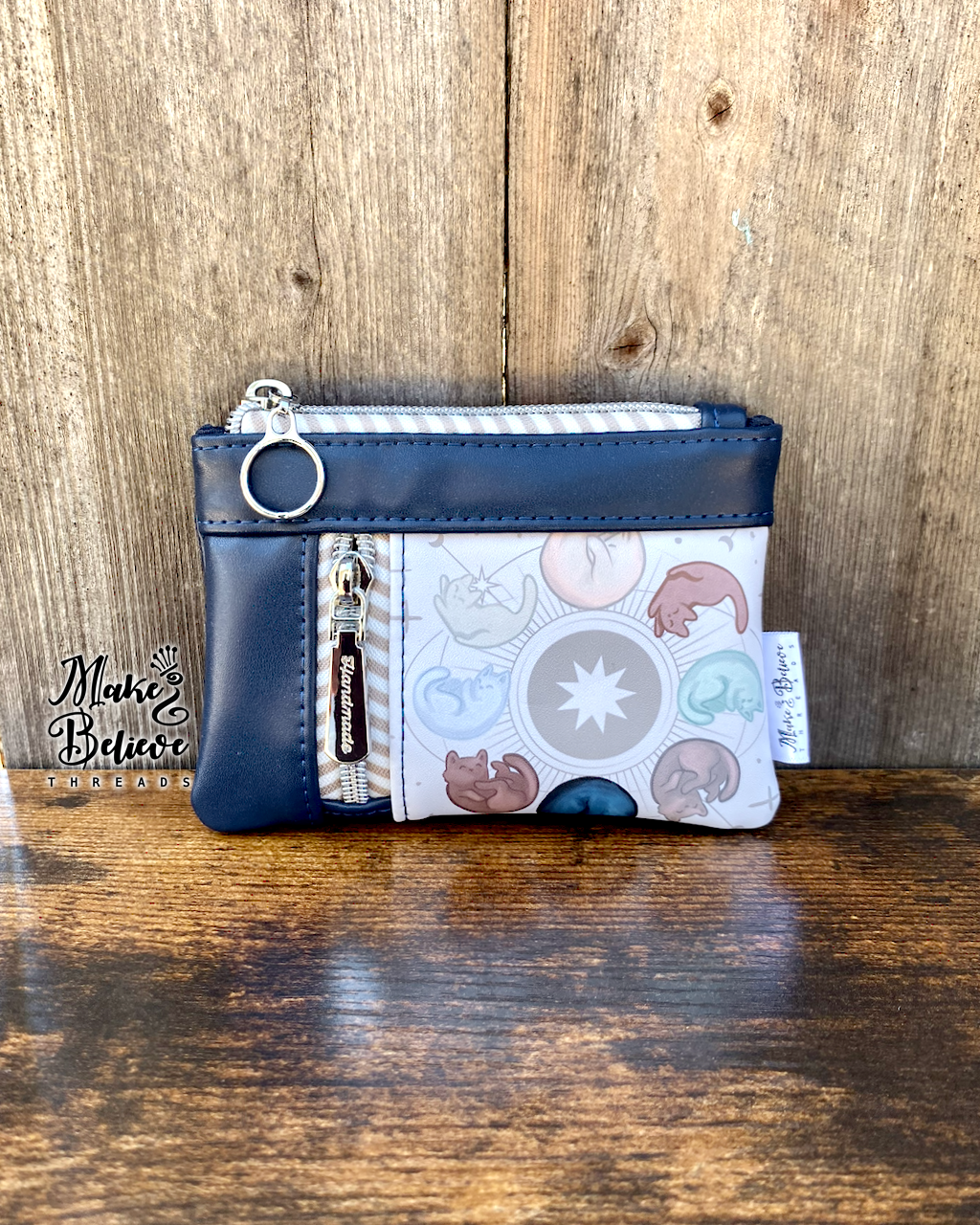 Navy Light Kitty Moon Phases Mini Zip Wallet