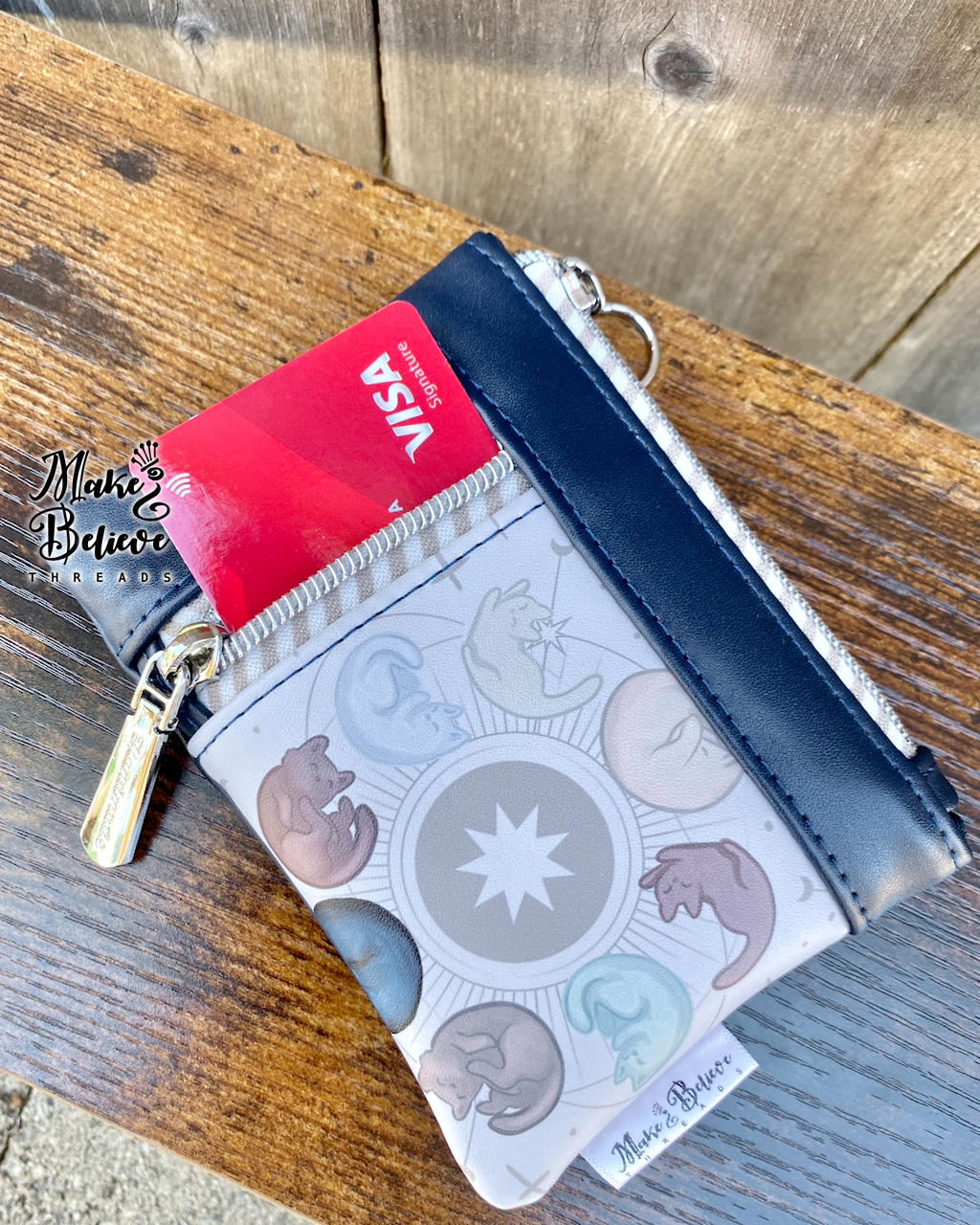 Navy Light Kitty Moon Phases Mini Zip Wallet