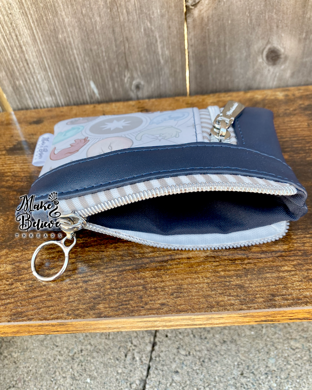 Navy Light Kitty Moon Phases Mini Zip Wallet