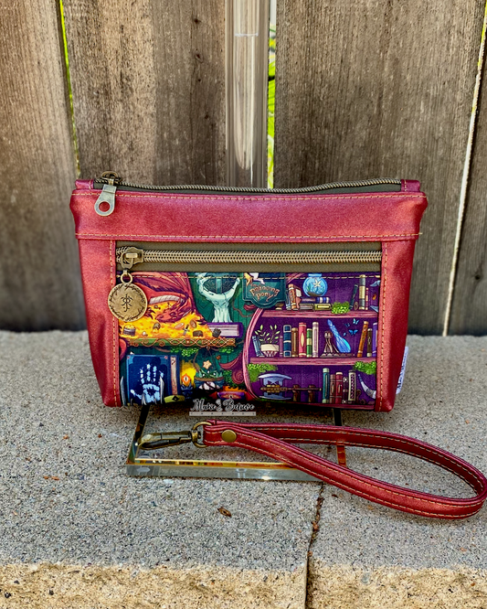 One Ring Bookshelf Shimmering Cranberry Pouch with Wristlet Strap