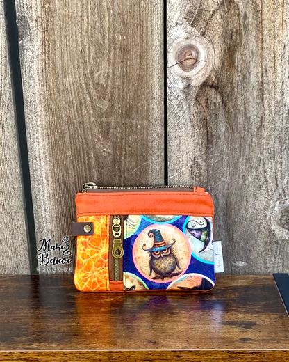 Orange Waxed Canvas Witchy Owl Mini Zip Wallet