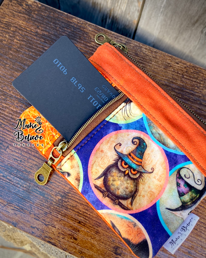 Orange Waxed Canvas Witchy Owl Mini Zip Wallet
