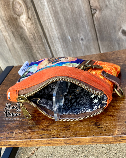 Orange Waxed Canvas Witchy Owl Mini Zip Wallet