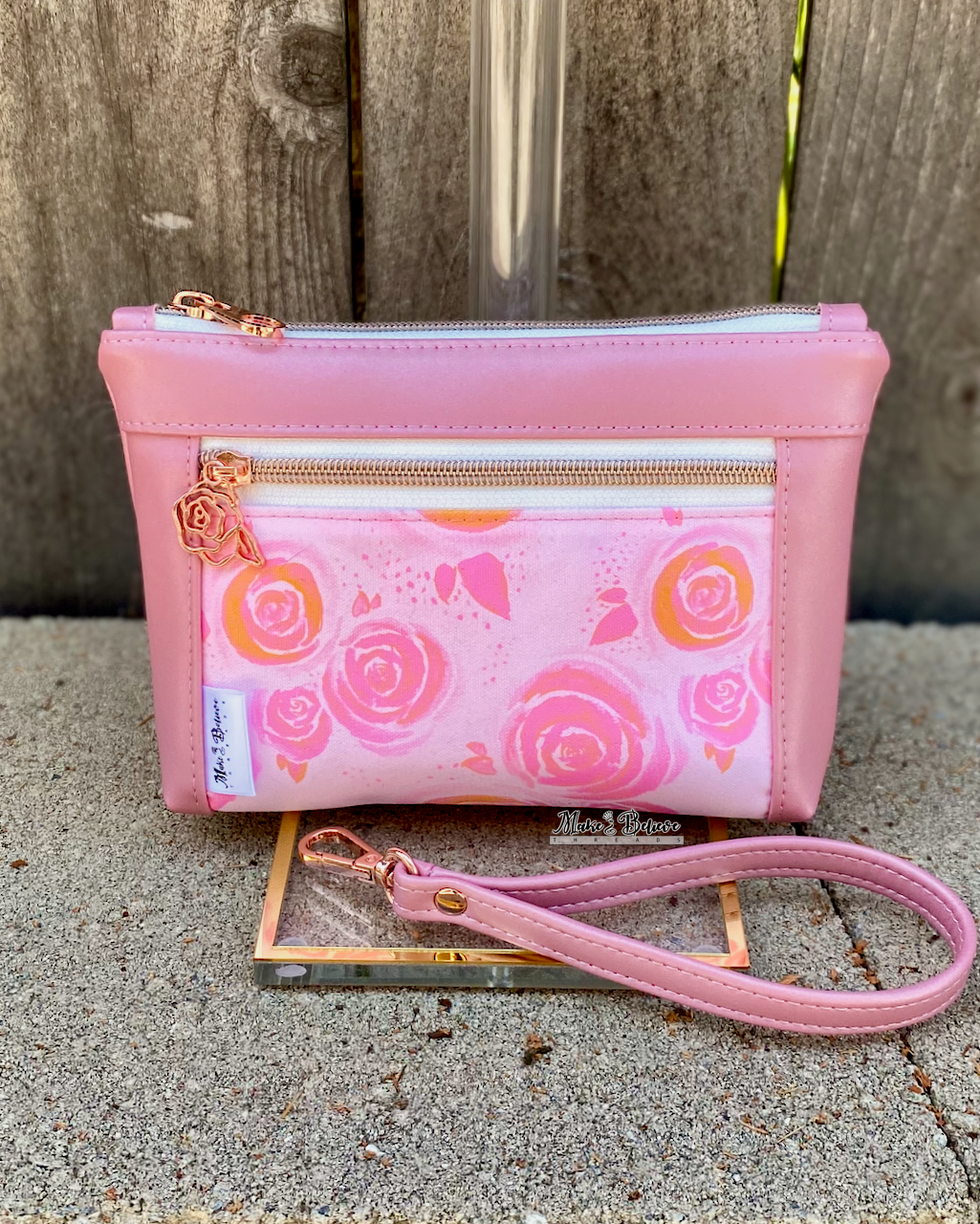 Shimmering Pink Lemonade Roses Pouch with Wristlet Strap