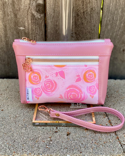 Shimmering Pink Lemonade Roses Pouch with Wristlet Strap