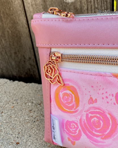 Shimmering Pink Lemonade Roses Pouch with Wristlet Strap