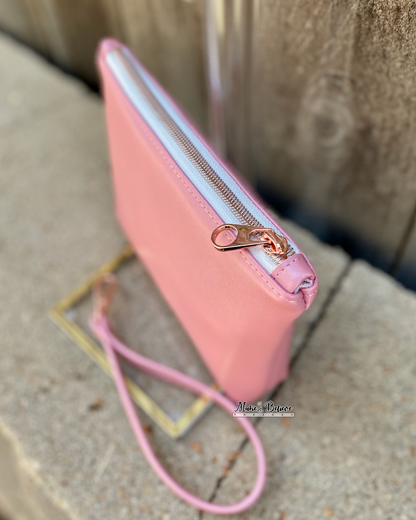 Shimmering Pink Lemonade Roses Pouch with Wristlet Strap