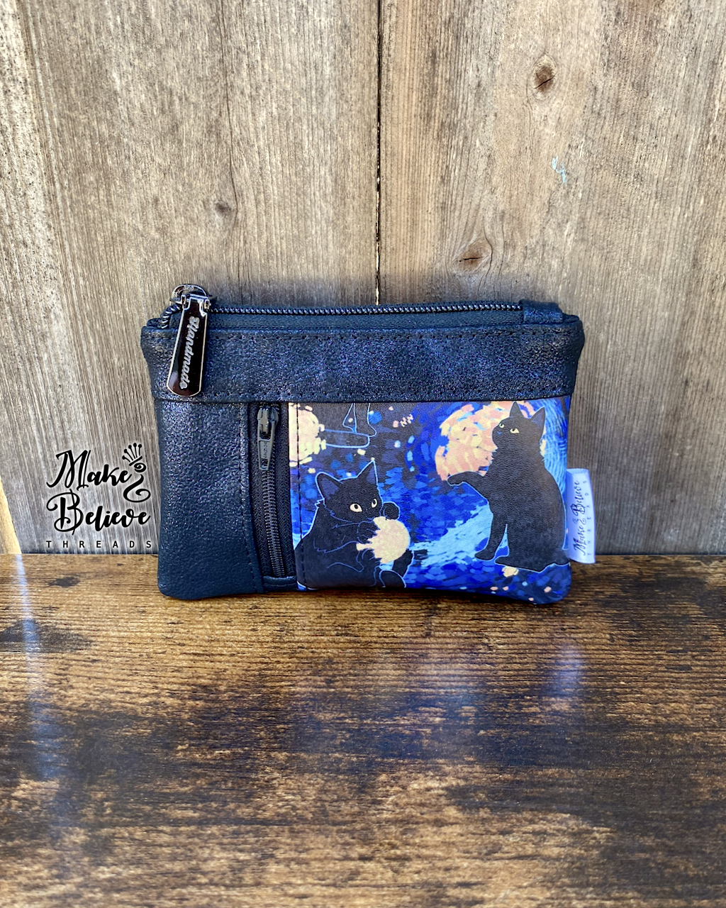 Sparkling Navy Meowy Nights Mini Zip Wallet